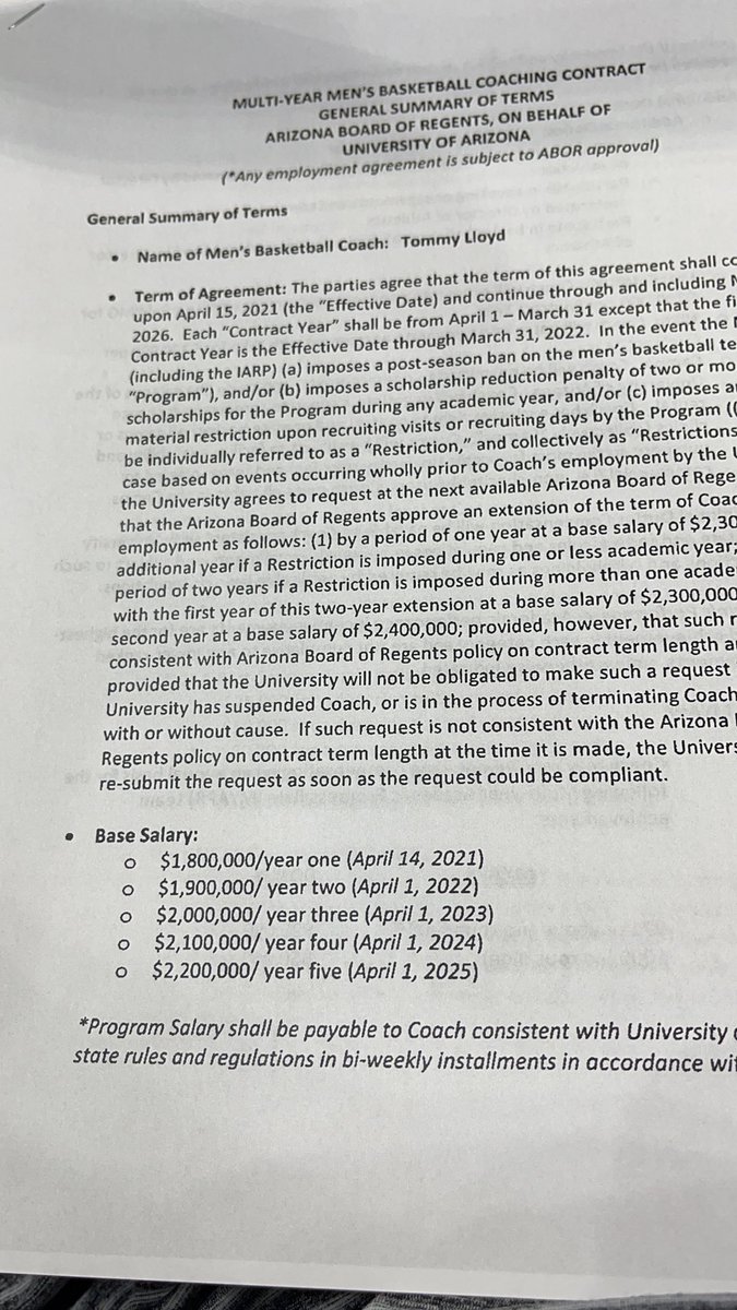 Contract details for new @APlayersProgram Head coach, Tommy Lloyd.