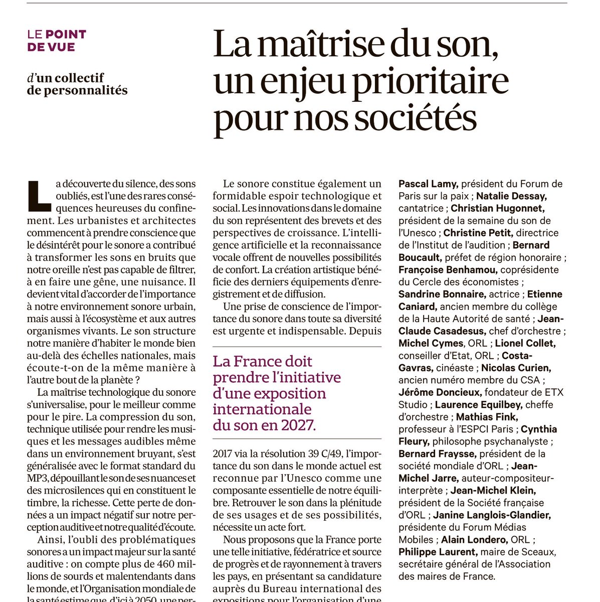 Le son si présent et si négligé ... il manque lorsque l’on ne l’entend plus, il gêne en devenant bruit. Le son est une composante essentielle de notre équilibre, 2027 sera l’année de l’expo internationale du son! ⁦<a href="/UNESCO_fr/">UNESCO en français</a>⁩ ⁦@PascalLAMYPPF⁩ ⁦@CynthiaFleury⁩