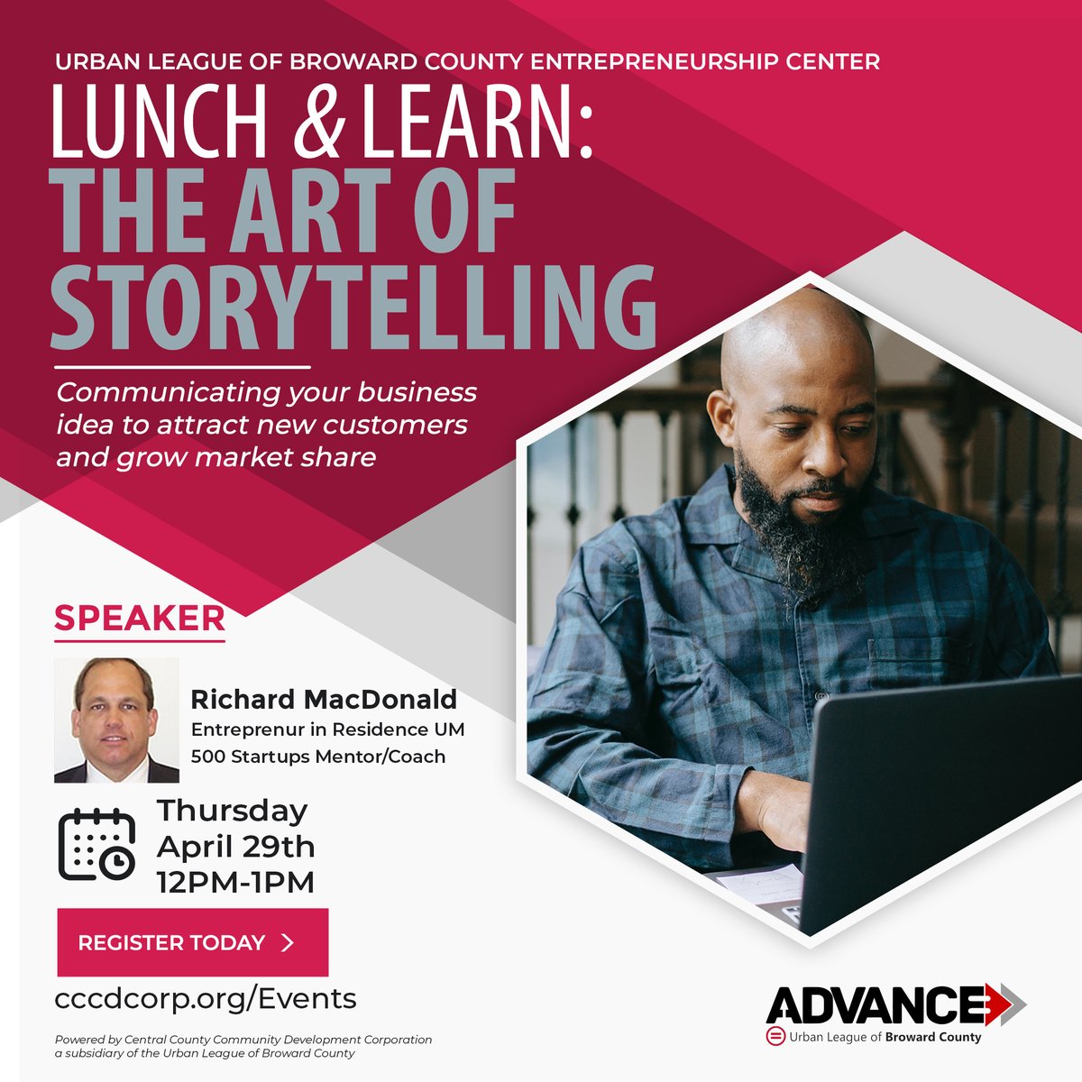 🚨REGISTRATION NOW OPEN🚨
Lunch &amp; Learn: The Art of Storytelling
April 29th | 12PM-1PM

Join the Entrepreneurship Center for a FREE workshop on the art and science of storytelling! 

Register Today -> bit.ly/3e0uPRe
#ADVANCESmallBiz #SmallBiz