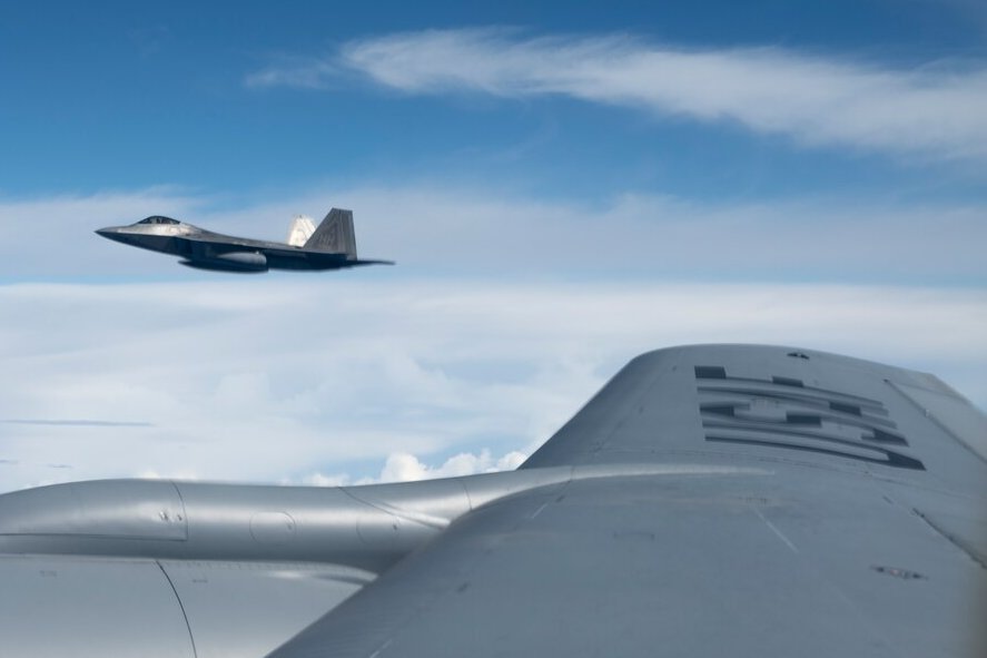 CoronetEast's tweet photo. Two F-22s returned to Hickam AFB #PHIK as #ZESTY11 flight from PDM rework in CONUS today April 15, 2021. Supporting this Coronet West #ALTRV was #ADOBE61 (58-0035) from #KSKA to #PHNL. https://t.co/jdxKyCw5Tp