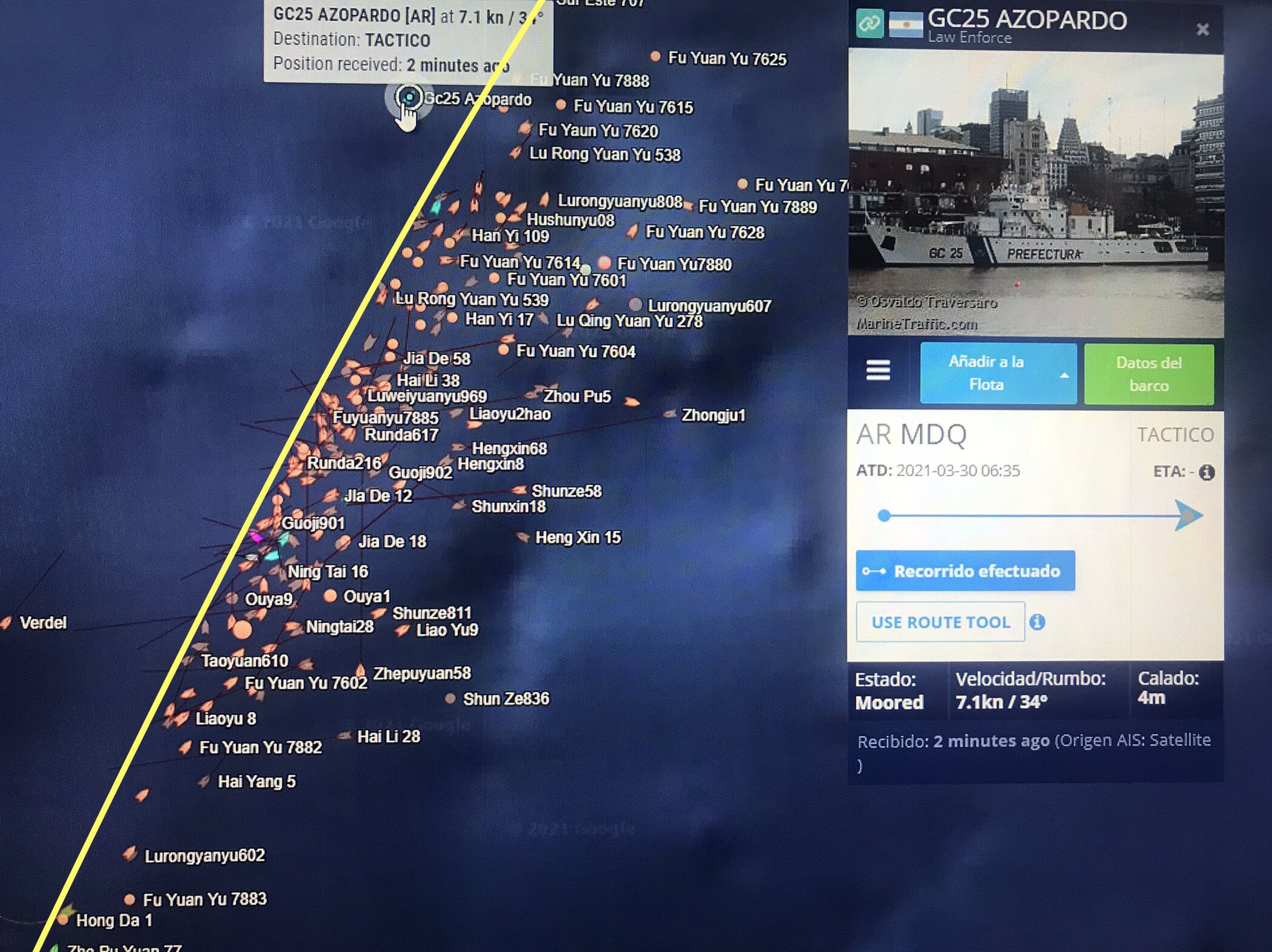 Pesqueros extranjeros navegaron 600 mil horas con sus sistemas satelitales apagados frente al mar argentino