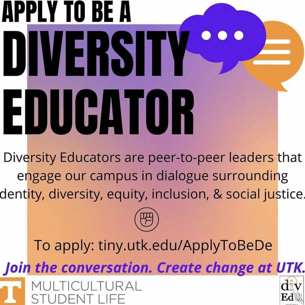 UTKSDS's tweet image. Want to educate the campus about disability, diversity, Inclusion and more? Apply to be a Diversity Educator with the @msl_utk. Create the change you want to see at UTK. To apply, visit tiny.utk.edu/ApplyToBeDe.