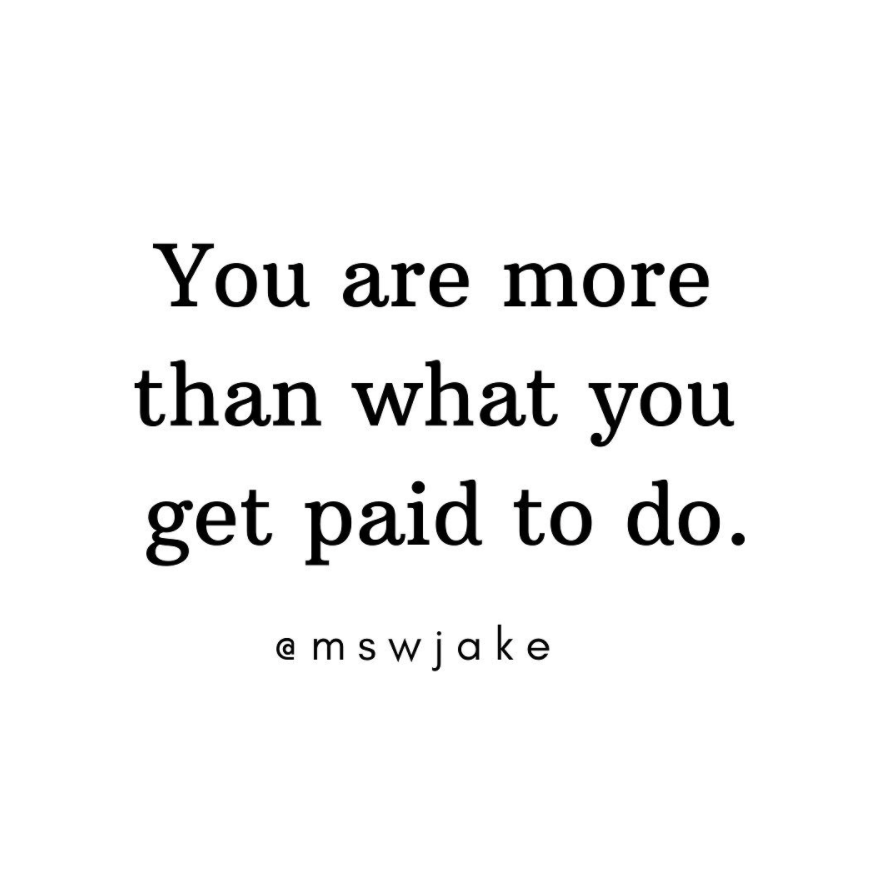 talkspace's tweet image. Our friend @mswjake is always giving us the best reminders!

"You are more than what you get paid to do.⁣ You are more than your profession. You are more than who you feel your professional self has to be.⁣ You are more than what you have to act like at work.⁣"