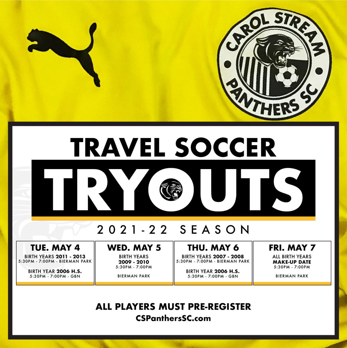 CSPanthersSC's tweet image. 2021-2022 CAROL STREAM PANTHERS TRYOUTS ARE COMING!