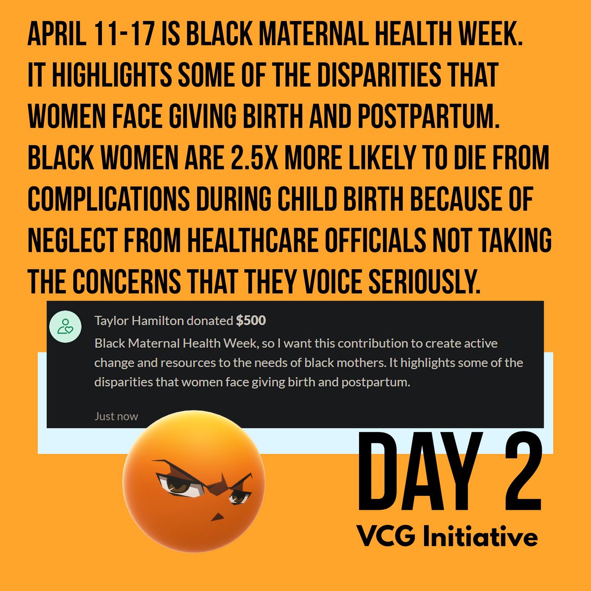 kiakiliX's tweet photo. Day 2 of the VCG Initiative: I donated to the Philly Birth Fund. April 11th-17th is Black Maternal Health Week.

Black women are 2.5x more likely to die from complications during child birth because of neglect from healthcare officials. This is an issue that requires attention: https://t.co/O9noIS7ojX