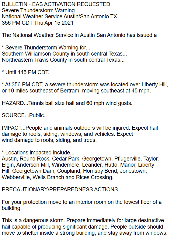 TravisCOSW's tweet photo. Severe Thunderstorm Warning for far northern Travis County until 445 pm. Storm has hail up to tennis ball size and wind gusts up to 60 mph. Take shelter now #CedarPark #Jollyville #WellsBranch #Pflugerville #AndersonMill #atxwx https://t.co/fIAe1TOq0q