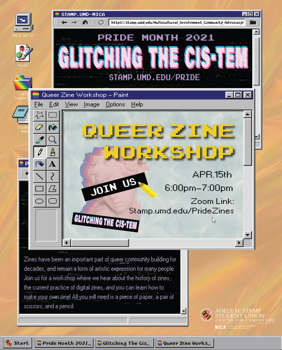 Our Queer Zine workshop with Studio A and WMUC is starting in an hour! Learn about the history of queer zines, current virtual zine practices, and how to make your own! All you need is a pencil, piece of paper, and yourself! See you soon @ stamp.umd.edu/PrideZines 🌈🎨