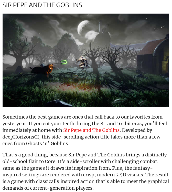 DeepHorizonsCl's tweet photo. We have been receiving good comments in streams and  appearing in specialized media! We are very happy with the public's reception and more updates are coming soon to continue developing Sir Pepe's story! 
https://t.co/4LC29fbMpG 
#CreatedWithCore #gamedev #IndieGameDev https://t.co/5AOyM6rkoU