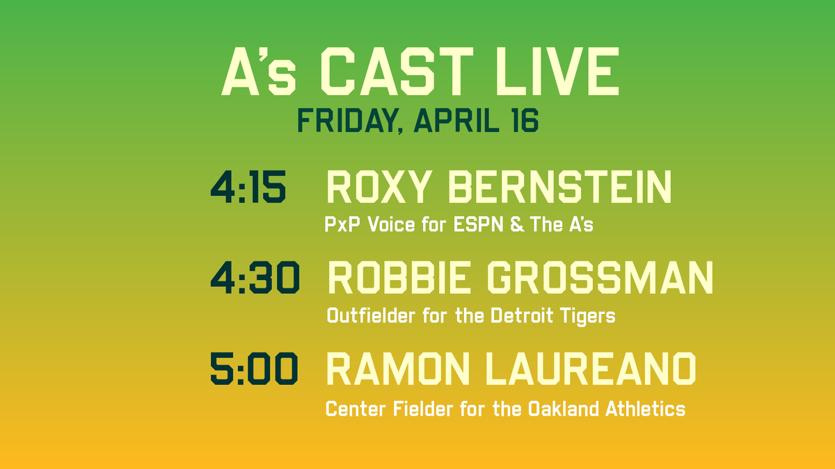 #AsCastLive will be streaming from 4-5:30pm w/ <a href="/townsendradio/">Chris Townsend</a> ahead of @athletics &amp; <a href="/tigers/">Detroit Tigers</a>

GUESTS:
@RoxyBernstein 4:15
@Tigers Robbie Grossman 4:30
@athletics Ramon Laureano 5:00

athletics.com/AsCast 📻