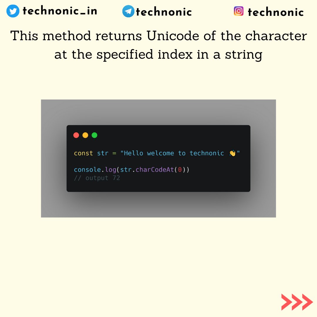 technonic_in's tweet image. charCodeAt

This method returns the Unicode of the character at the specified index in a string

#30daysofcode #javascrtipt #javascriptfunctions #30dayjavascriptchallenge #charCodeAt