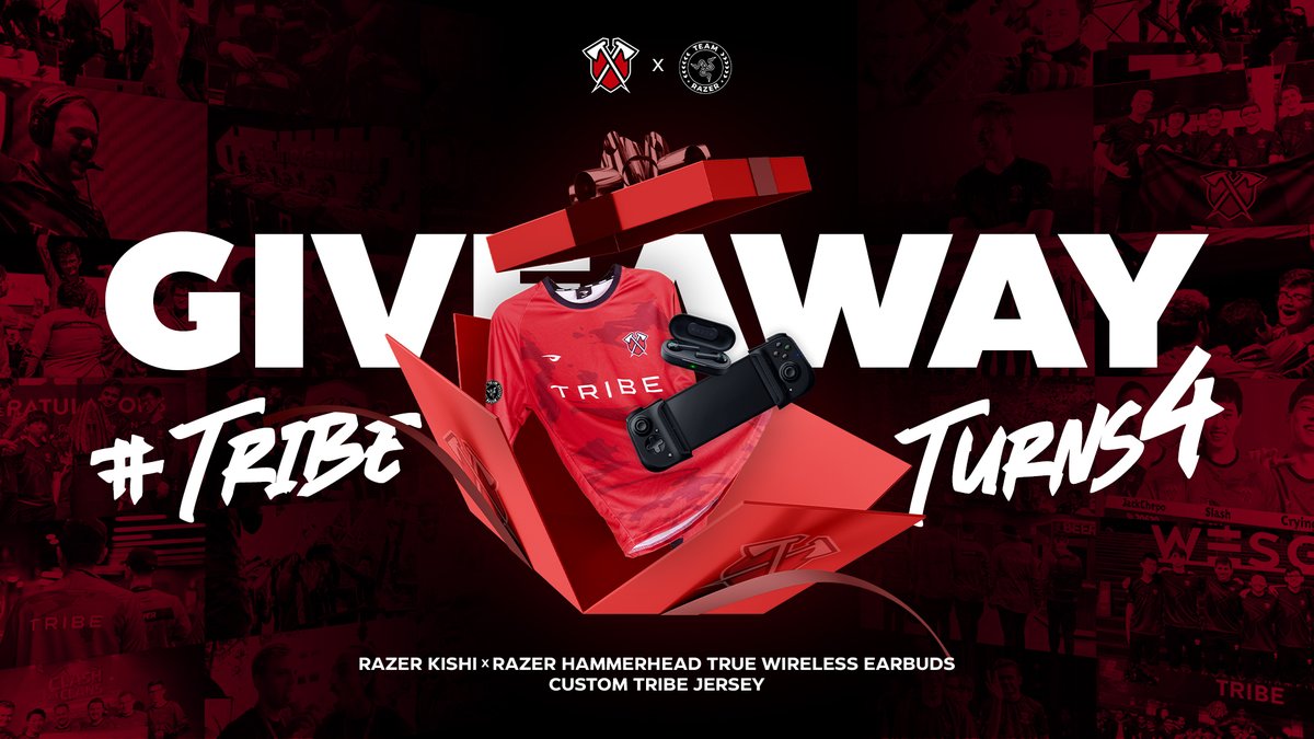 To celebrate our birthday, we're teaming up with <a href="/Razer/">R Λ Z Ξ R</a> to give away a Kishi, Hammerhead True Wireless Earbuds, and a custom Tribe jersey!

Rules:
🎂 Retweet
🎂 Follow <a href="/TribeGaming/">Tribe Gaming</a> &amp; <a href="/Razer/">R Λ Z Ξ R</a> 
🎂 Reply with #TribeTurns4

Winner will be picked on April 22nd, good luck!