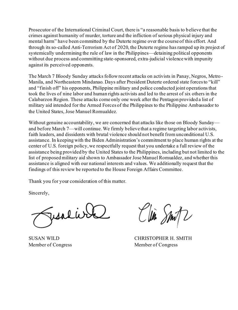 The need to stand up to President Duterte’s attacks on labor, faith, and dissidents in the Philippines is more important than partisan politics. 

Thanks to Rep. Smith and <a href="/RepBrianFitz/">Rep. Brian Fitzpatrick 🇺🇸</a> for joining me, <a href="/CWAUnion/">CWA</a>, <a href="/malaya_movement/">Malaya Movement USA</a>, <a href="/ichrpus/">ICHRP US</a>, and <a href="/amnesty/">Amnesty International</a> in this bipartisan effort.