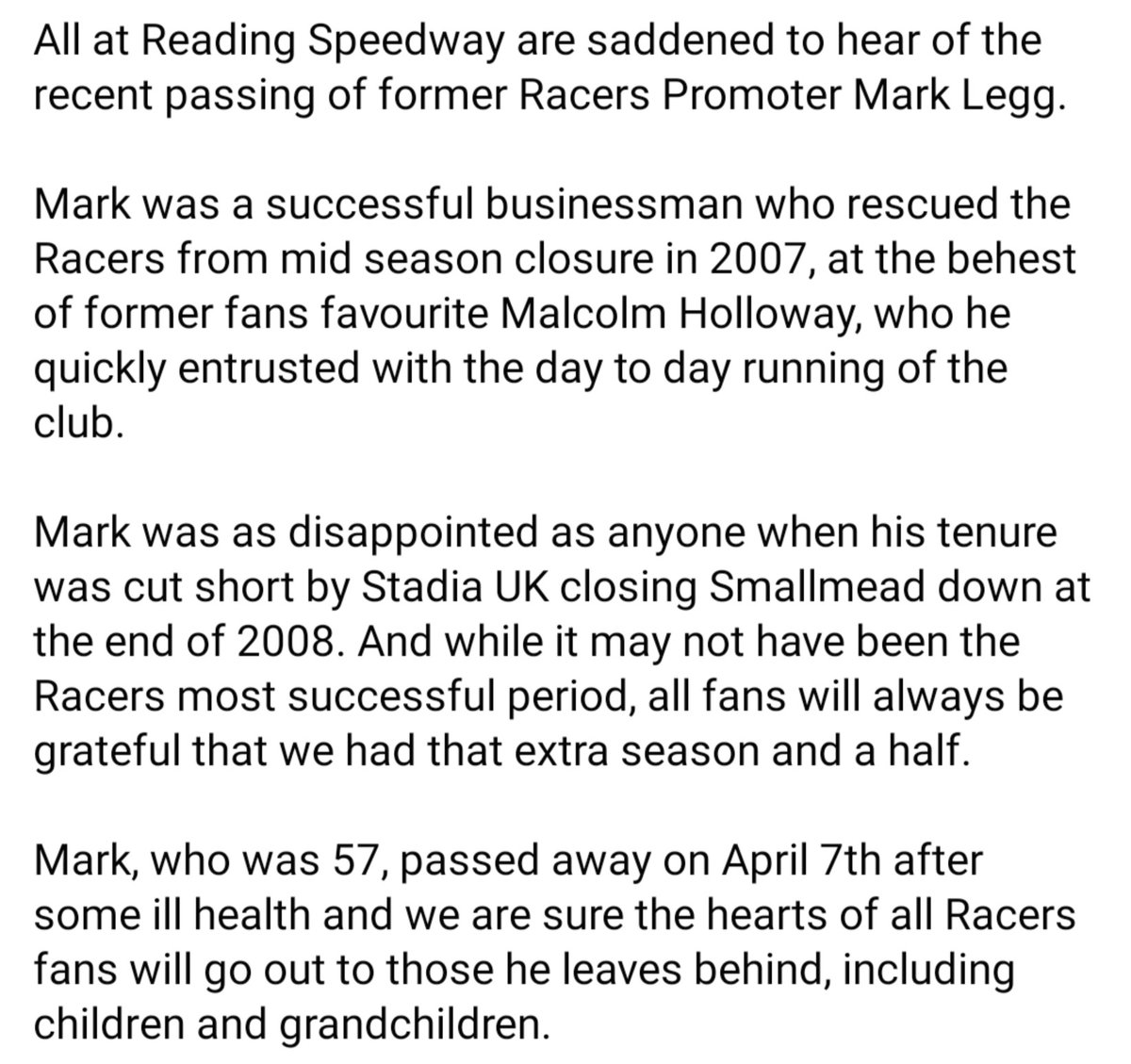 Former Racers Promoter has sadly passed away.