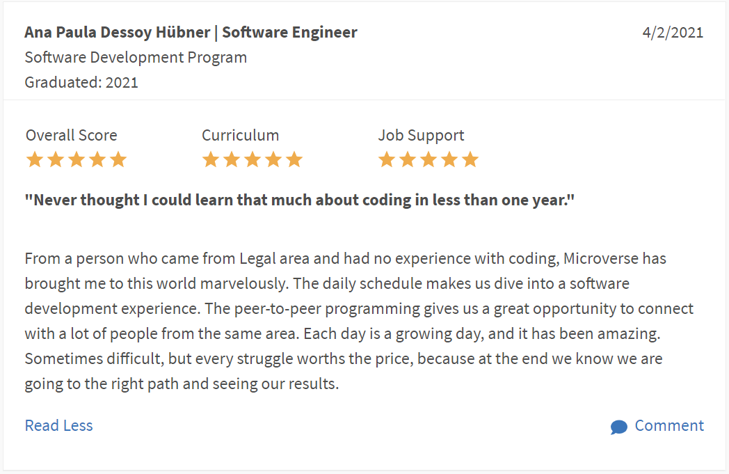 microverseinc's tweet image. "Never thought I could learn that much about coding in less than one year." - Ana Hübner
We love hearing about our student's experiences at Microverse. Here's what Microverse student Ana had to say about the program👇
#learnwithmicroverse #learntocode