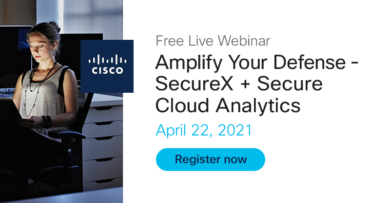 LearningatCisco's tweet photo. Walk through the latest capabilities between #SecureX and Secure Cloud Analytics in this upcoming free webinar!
Register now: https://t.co/JmYmQG38lO
@CiscoSecure #Stealthwatch #CiscoCert https://t.co/ADlQm7HILr