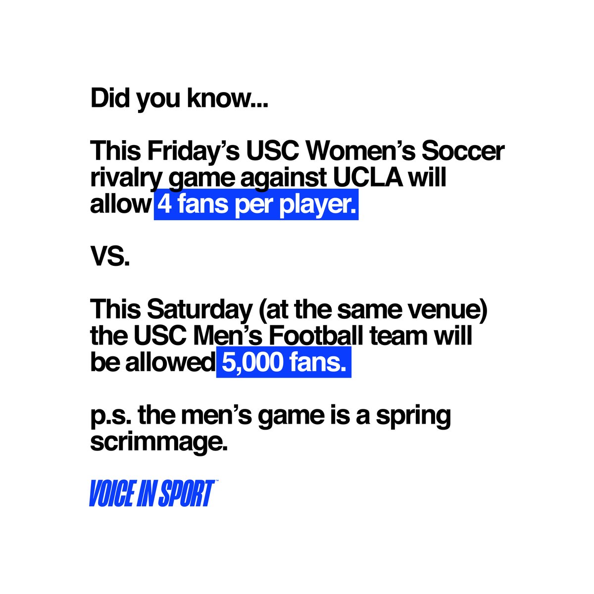 voiceinsport's tweet image. We are keeping score and bringing #moreVISforIX for girls and women in sport. 

FACT: Historically USC vs UCLA soccer games have set record attendances. 
FACT: Men's Football game on Saturday is a scrimmage not even an in season game. 

@latimes
@dailytrojan
@dailybruin