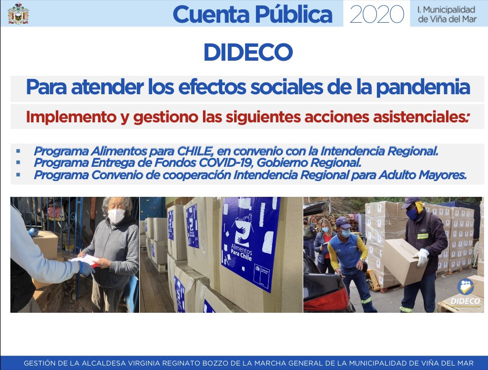 cotyreginato's tweet photo. Durante el 2020 distribuimos más de 50 mil cajas de alimentos y alrededor de 30 mil kits sanitarios beneficiando a más de 138 mil  familias de los 12 sectores de Viña del Mar , un gran esfuerzo del municipio, a través de la DIDECO. 
Virginia Reginato #CUENTAPUBLICAVIÑA #VIÑA https://t.co/YA5Wjwzqex
