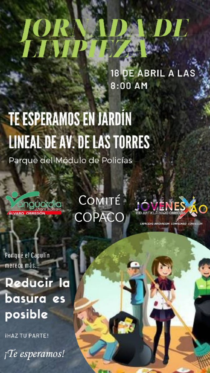 Jovenes_X_AO's tweet photo. Te esperamos este domingo 18 de abril en esta jornada de limpieza que se llevará en el jardín lineal de Av. De las Torres. 
La juventud más unida que nunca! https://t.co/gXdEWxApuu