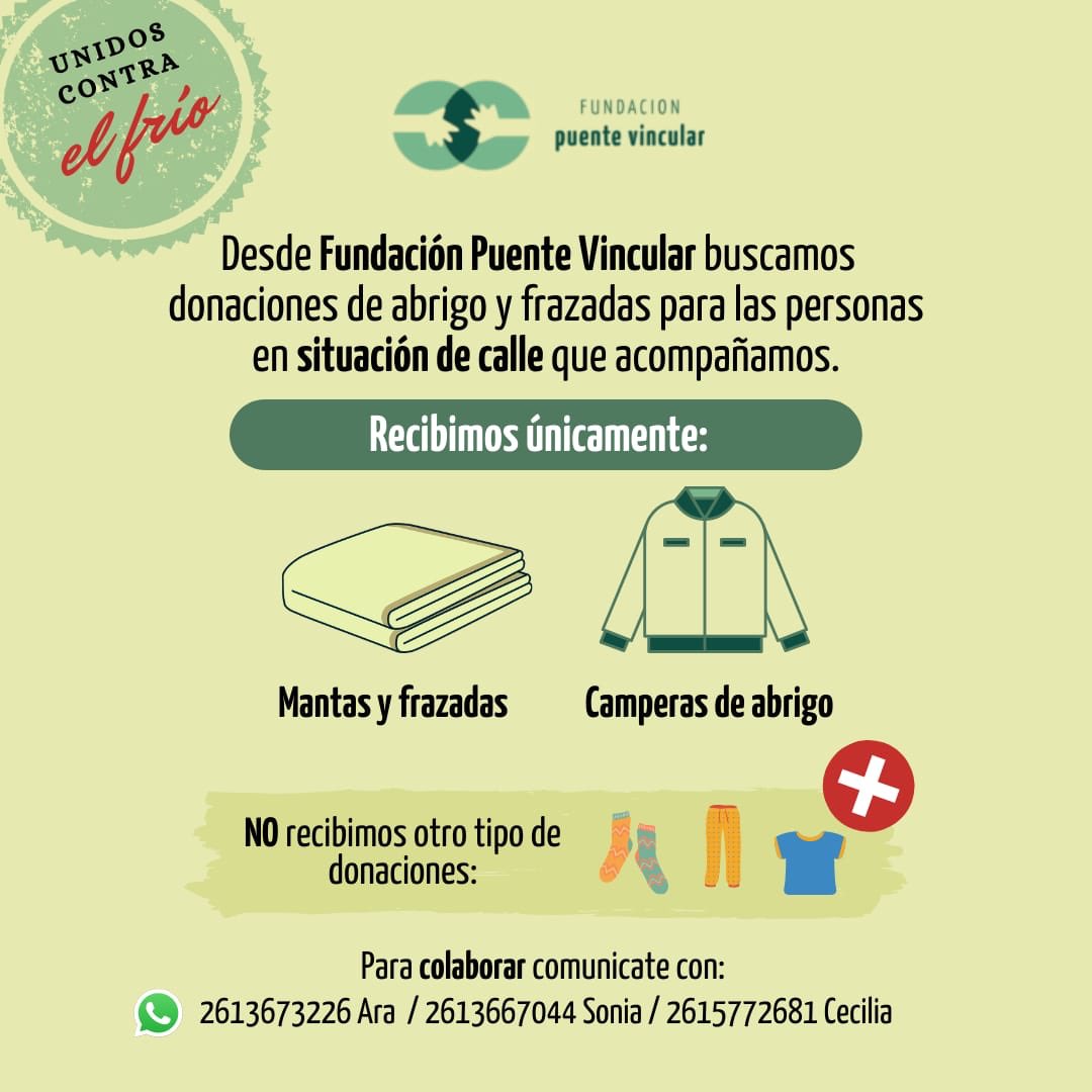 PuenteVincular's tweet photo. Empieza el frío y necesitamos de tu ayuda....

Estamos juntando frazadas y camperas de abrigo (No recibimos otro tipo de ropa), para seguir acompañando a las personas en #SituaciónDeCalle 

¡Súmate a nuestra campaña #Unidoscontraelfrio !💚 https://t.co/HBVpH8CprX