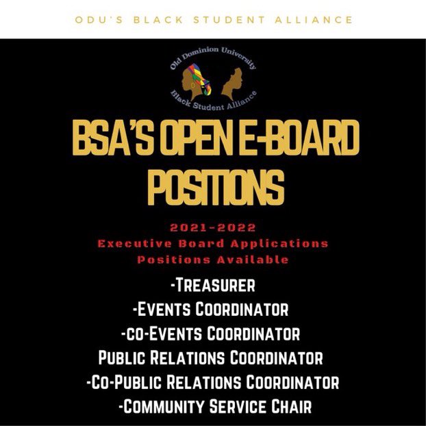 Want to be on the ODU Black Student Alliance Executive Board? Go apply right now on odu.campusgroups.com ! Have questions about how to apply? Send us a DM !