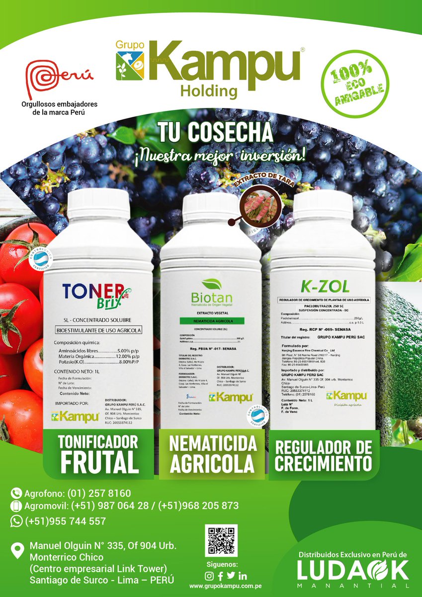 grupokampuperu's tweet image. #Tonerbrix TONIFICADOR FRUTAL, #Biotan NEMATICIDA AGRÍCOLA, #Kzol REGULADOR DE CRECIMIENTO.

Contáctenos para mayor información:
 Agrofono: (01) 257 8160
 Agromovil: 955744557
Email:contact@grupokampu.com.pe
consultas por whatsapp: bit.ly/3f2HtPg