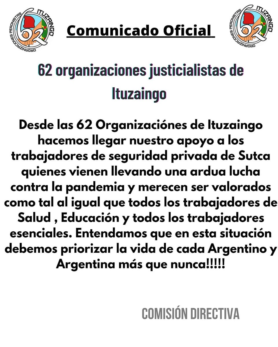 62Org_Ituzaingo's tweet image. @LosCustodios las 62 del distrito de #Ituzaingo hacen llegar su apoyo y adhesion al Sindicato de #Custodios #Sutca Gracias a todos los que integran las 62 Organizaciones Justicialistas de Ituzaingo,@MinSeg ,@msalnacion ,@MDSNacion,@JuvSindicalNac ,@p_justicialista ,@joseluisgioja