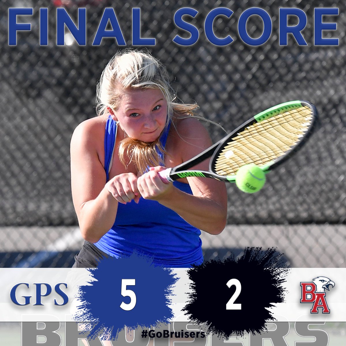 BruiserSports's tweet photo. Bruisers knock out the Eagles! GPS Tennis picks up singles wins from Caroline Clark, Erin Ensign, Chloe Nicola, and Ava Scotchie to defeat Brentwood Academy, 5-2. #GoBruisers #GPSTennis ๐พ https://t.co/fgKkC3a7lL