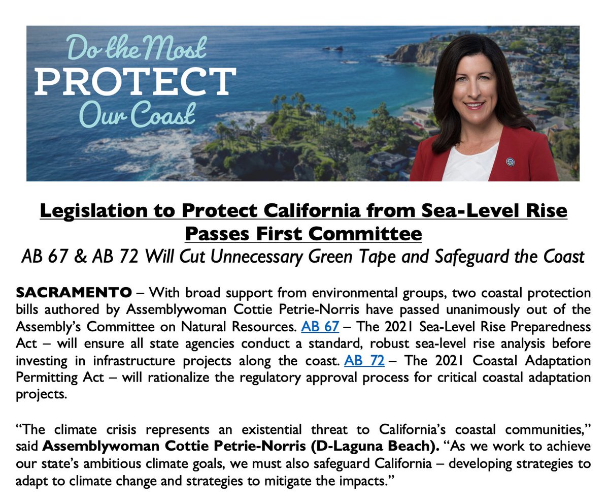 AsmCottie's tweet photo. The climate crisis represents an existential threat to California’s coastal communities.
As we work to achieve our state’s ambitious climate goals, we must also safeguard California. My bills #AB67 & #AB72 will cut unnecessary green tape and protect the coast #CALeg https://t.co/fpLVu6c6XK
