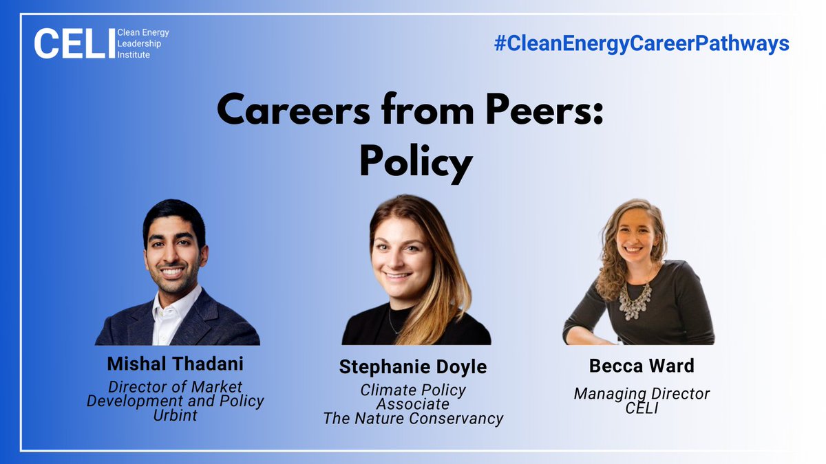 Energy_Leaders's tweet photo. In 15 min, our final panels of #CleanEnergyCareerPathways! Join us for "Careers from Peers" to understand the way to break in and the day-to-day of careers in #Policy, #Finance, &amp; #ESG. @mishalthadani @MadisonCFreeman @BeccaWard2012 @annie_goo @DoyleSE111 @aileenlerch. #CELIons https://t.co/OuqU90aqGD