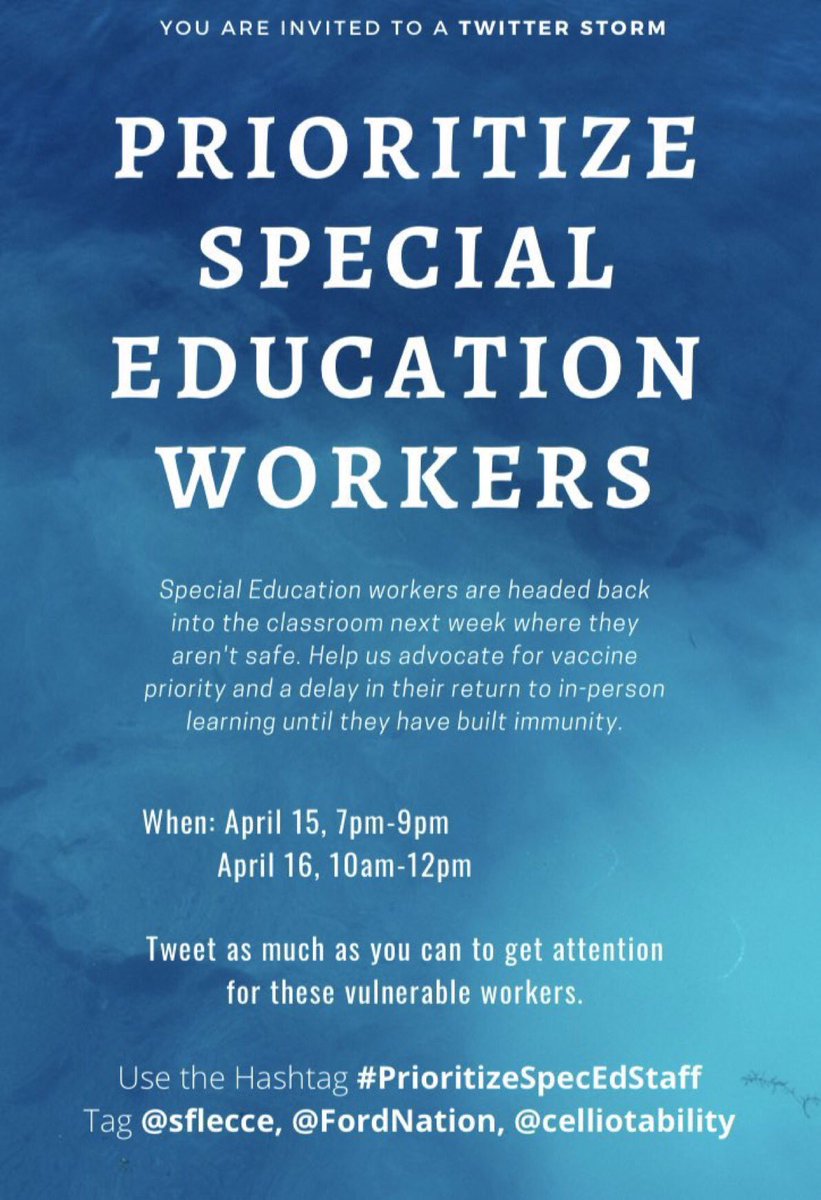 Happening now, Twitter Storm to support Special Education workers. <a href="/Sflecce/">Stephen Lecce</a>, as the numbers continue to climb, and schools across Ontario are closed to all other in person learners, make the call to keep ALL students and staff safe and #PrioritizeSpecEdStaff now!