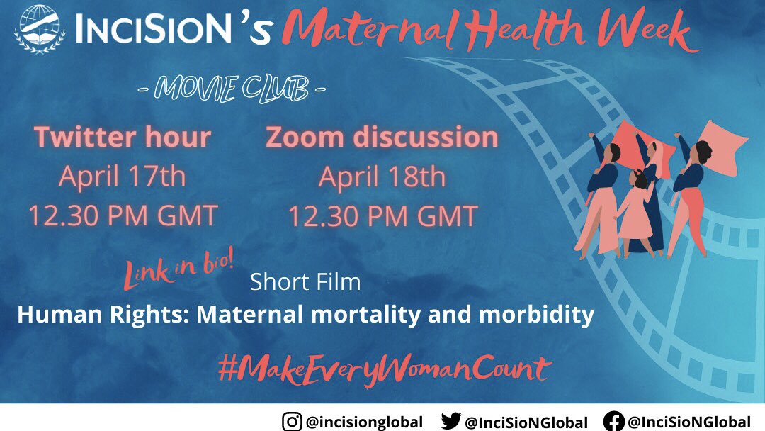 InciSioNGlobal's tweet photo. 🎥 As part of our #MaternalHealth Week we are promoting a Movie Club Discussion: Twitter Hour on the 17th of April & Zoom on the 18th of April, both at 12:30 PM GMT. 🌐
https://t.co/wxsb4QGdMo 👈🤰
Together, we can break the silence and stigma worldwide #MakeEveryWomanCount https://t.co/KHI29rHU4r