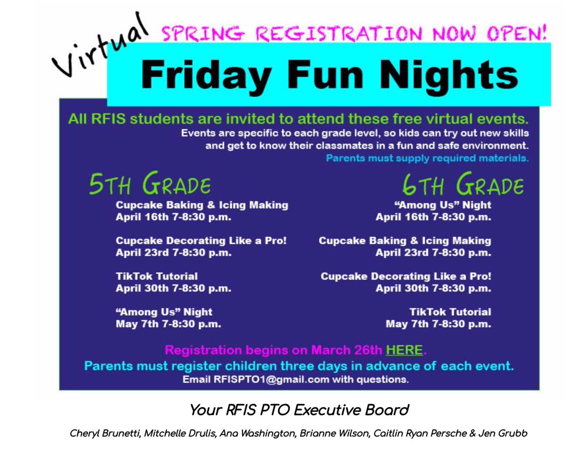 The RFIS PTO is continuing to offer virtual Friday Fun Nights for both 5th &amp; 6th grade Ss.  From TikTok tutorials to Among Us Gaming Nights.  Don’t miss out Huskies.  Register below now!  <a href="/FlemRarSchools/">FlemRarSchools</a>                      docs.google.com/document/d/1y5…