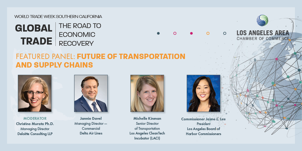 Announcing our panel of distinguished speakers! Looking forward to hearing from Christine Murata <a href="/Deloitte/">Deloitte</a>, Jannie Davel <a href="/Delta/">Delta</a> , Michelle Kinman <a href="/laincubator/">LACl</a>, &amp; Commissioner Jamie L. Lee <a href="/PortofLA/">Port of Los Angeles</a>. 

Make sure to secure your spot: events.bizzabo.com/2021WTW