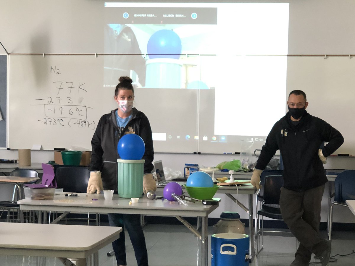 Great teamwork among the <a href="/SciMW/">Maine West Science</a> chemistry teachers during today’s liquid nitrogen lab creating an engaging experience for both in person &amp; virtual students! #warriorsfindaway #207now