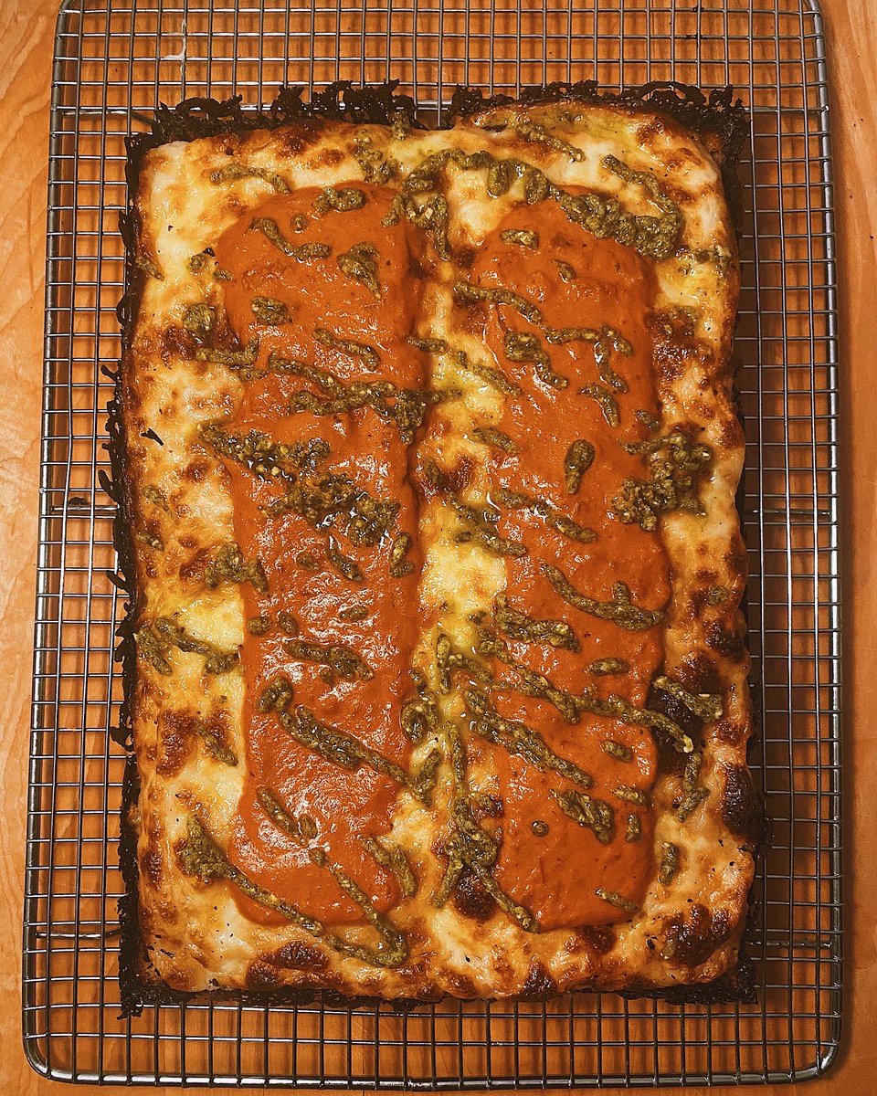 Homemade vodka sauce and pesto pizza this weekend! #detroitstyle #detroitindc
