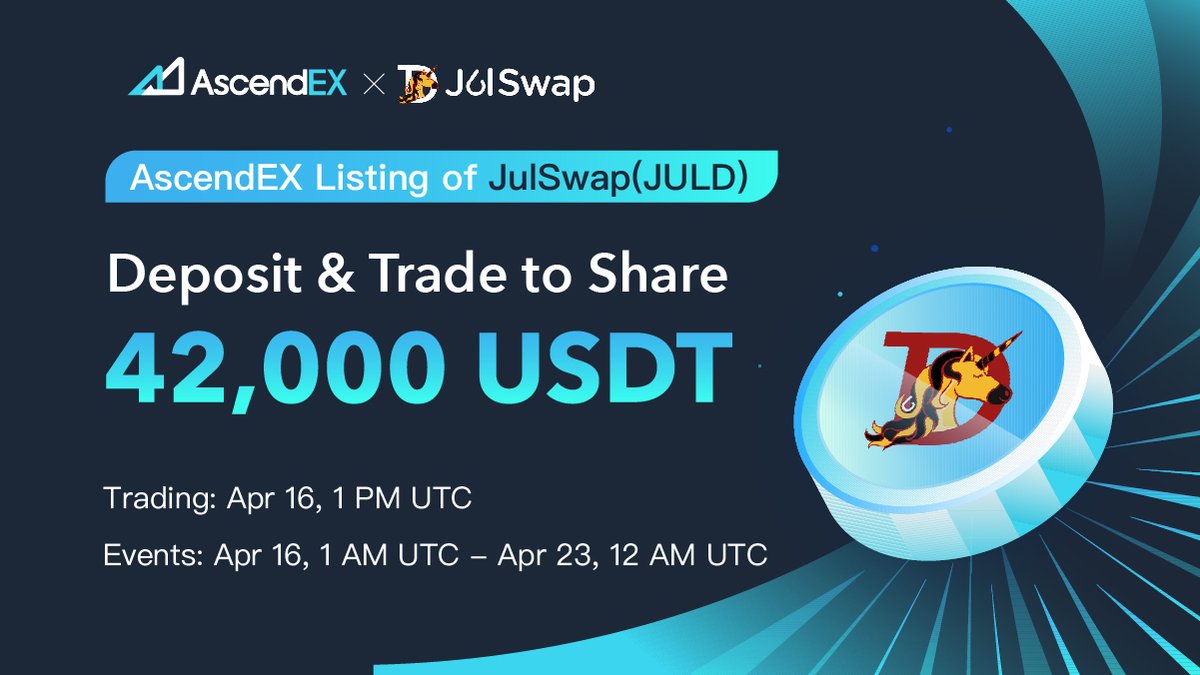 AscendEX_'s tweet image. 🔥New Listing🔥
AscendEX is thrilled to announce the listing of @JulSwap under the trading pair of #JULD/#USDT on Apr 16 @ 1:00 p.m. UTC
Deposit & Trade to Share 42,000 USDT in JULD Tokens!
Details👉bit.ly/3wYV9DQ
#AscendEX #AscendEXListing