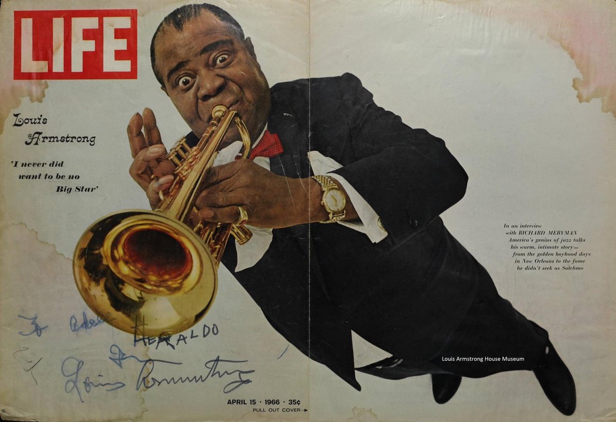 ArmstrongHouse's tweet image. 55 years ago today, Louis Armstrong was featured on the cover of @LIFE magazine in an iconic photo by Philippe Halsman! Here's a copy Louis signed for his beloved longtime neighbor in Queens, Adele Heraldo, mother of similarly beloved longtime neighbor Selma!