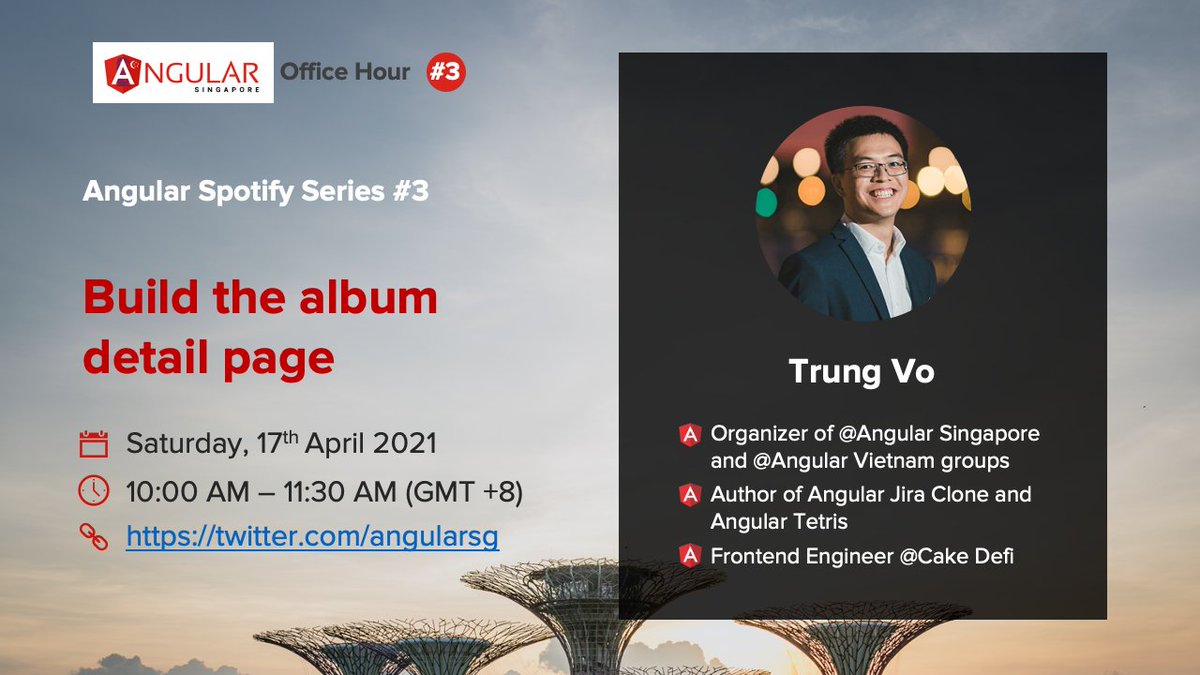 angularsg's tweet image. Happy Friday! We have the next live stream on our #angularspotify series tomorrow, Saturday 10 am (GMT +8). We'll implement the album detail page.
Livestream: youtu.be/c9-WTksAv-s
Source code: github.com/trungk18/angulโฆ
See you all tomorrow!