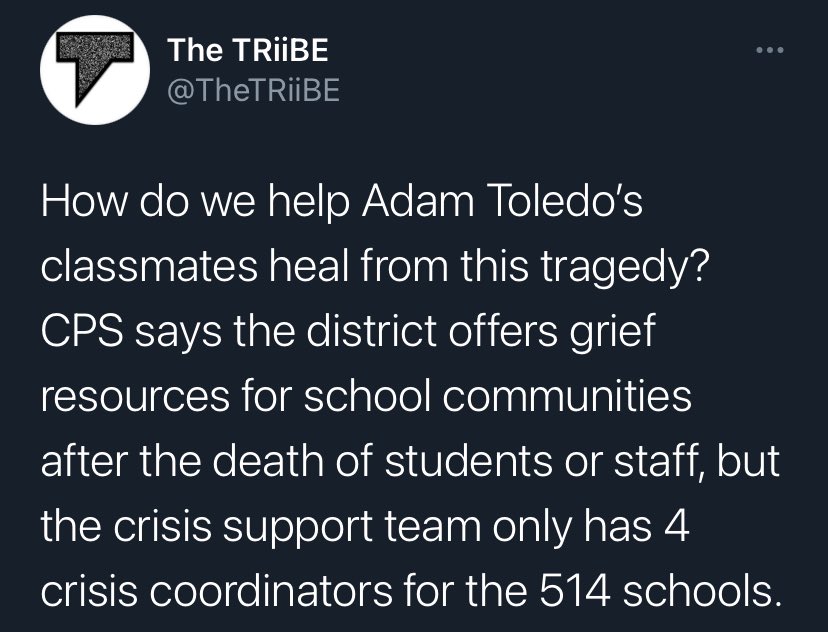 This is why we say #DefundCPD. How are children in CPS suppose to get grief counseling? Who do they talk to when they’re in trouble? There’s 4 people for thousands of kids!!!