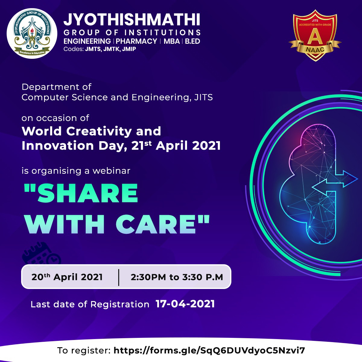jyothish_mathi's tweet photo. Department of computer science and engineering, #JITS on the occasion of #worldcreativityandInnovation day is organising a #webinar “#sharewithcare” on 20th April 2021. To register: https://t.co/fs33HngMLU
#DepartmentOfComputerScienceAndEngineering #JitsKarimnagar #Jyothishmathi https://t.co/BxIvGCe0Gd