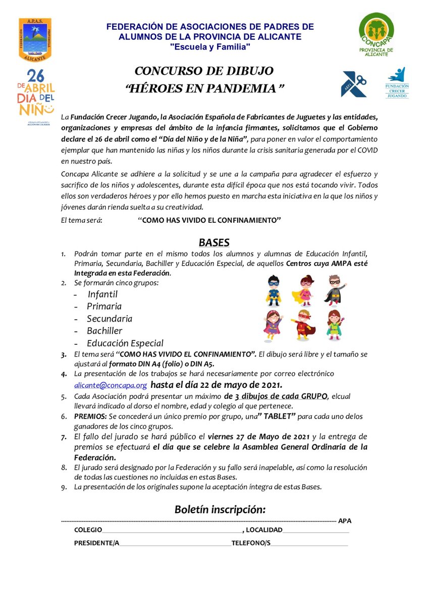 ConcapaA's tweet photo. Empresas del ámbito de la infancia, han solicitado que Gobierno declare el 26 de abril como el “Día del Niño y de la Niña”, para poner en valor el comportamiento ejemplar de los niños durante la crisis sanitaria generada por el COVID. 
Concapa Alicante se adhiere a la solicitud https://t.co/GsUxQsvKZv