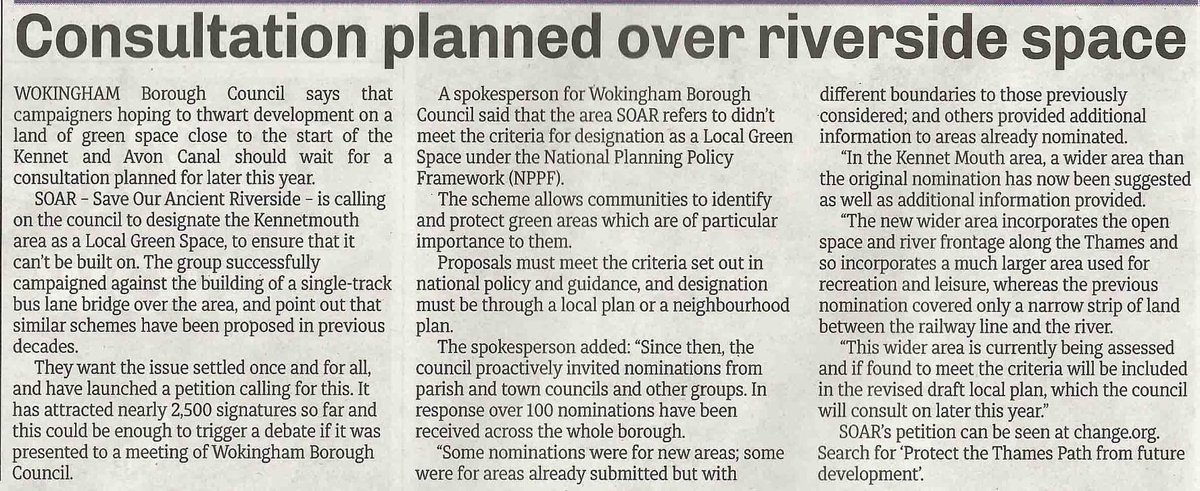 There is a piece in this week’s @WokinghamToday about our petition to have Kennetmouth protected.

Let’s hope that in a future consultation, our riverside is deemed worthy of protection by @WokinghamBC.

#wokingham #reading #conservation 
#treesnotcars #protectgreenspace