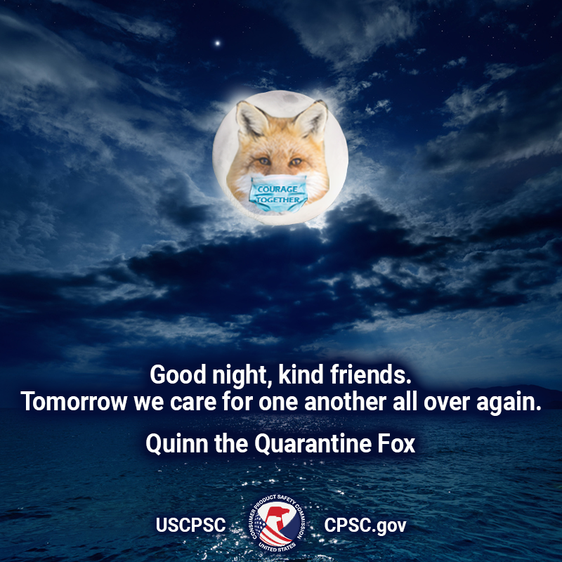 A fox in the moon over the ocean wearing a mask that says, "courage together." The text reads: good night, kind friends. Tomorrow we care for one another all over again. Quinn the Quarantine Fox.