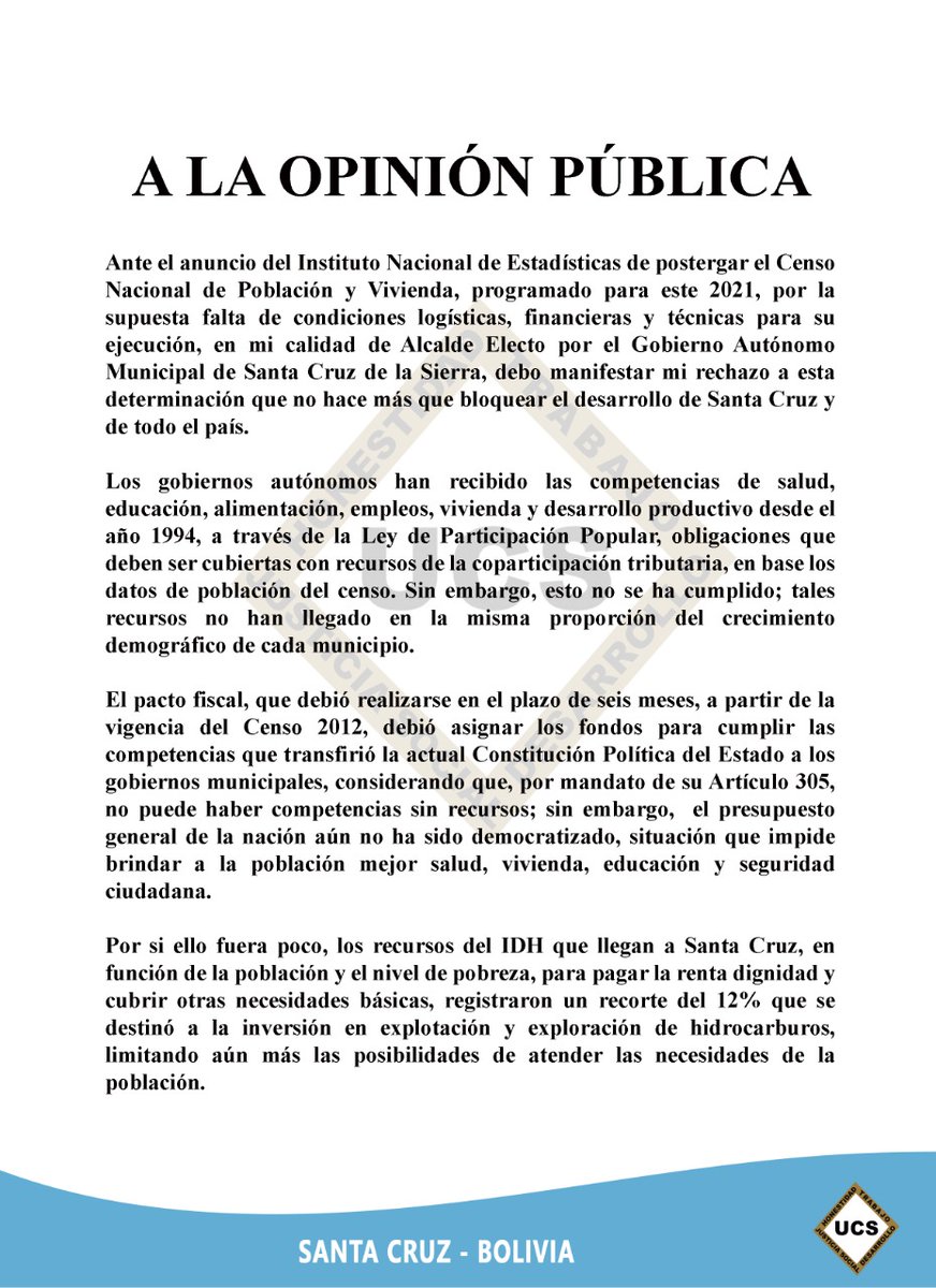 grupoeldeber's tweet photo. Jhonny Fernández, alcalde electo de la comuna de Santa Cruz de la Sierra, se declaró en emergencia y advirtió iniciar medidas ante la decisión del INE de posponer tres años la realización del Censo de Población y Vivienda https://t.co/sarF71qeWQ