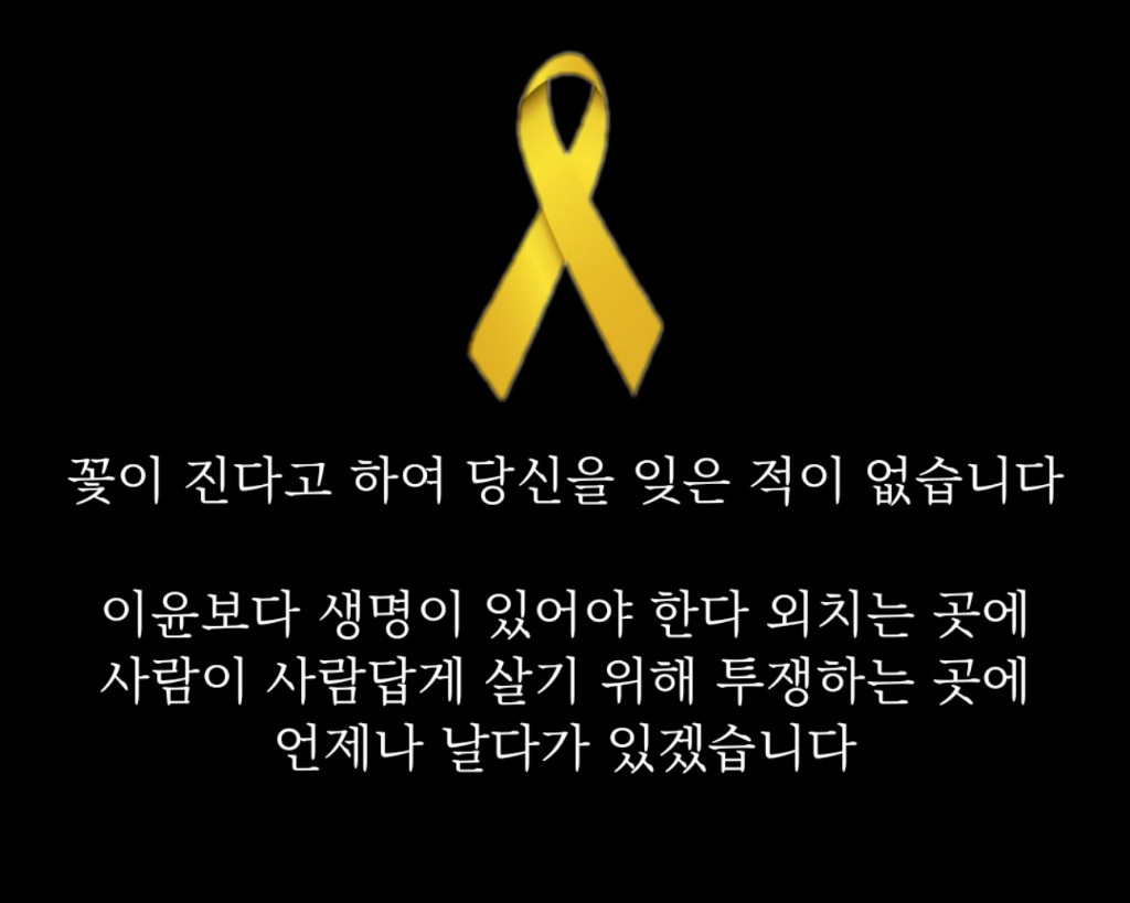 꽃이 진다고 하여 당신을 잊은 적이 없습니다

이윤보다 생명이 있어야 한다 외치는 곳에
사람이 사람답게 살기 위해 투쟁하는 곳에
세월호 참사의 진상규명을 호소하는 곳에

언제나 날다가 있겠습니다.

#꽃이_진다고_그대를_잊은적_없다
#Remember0416