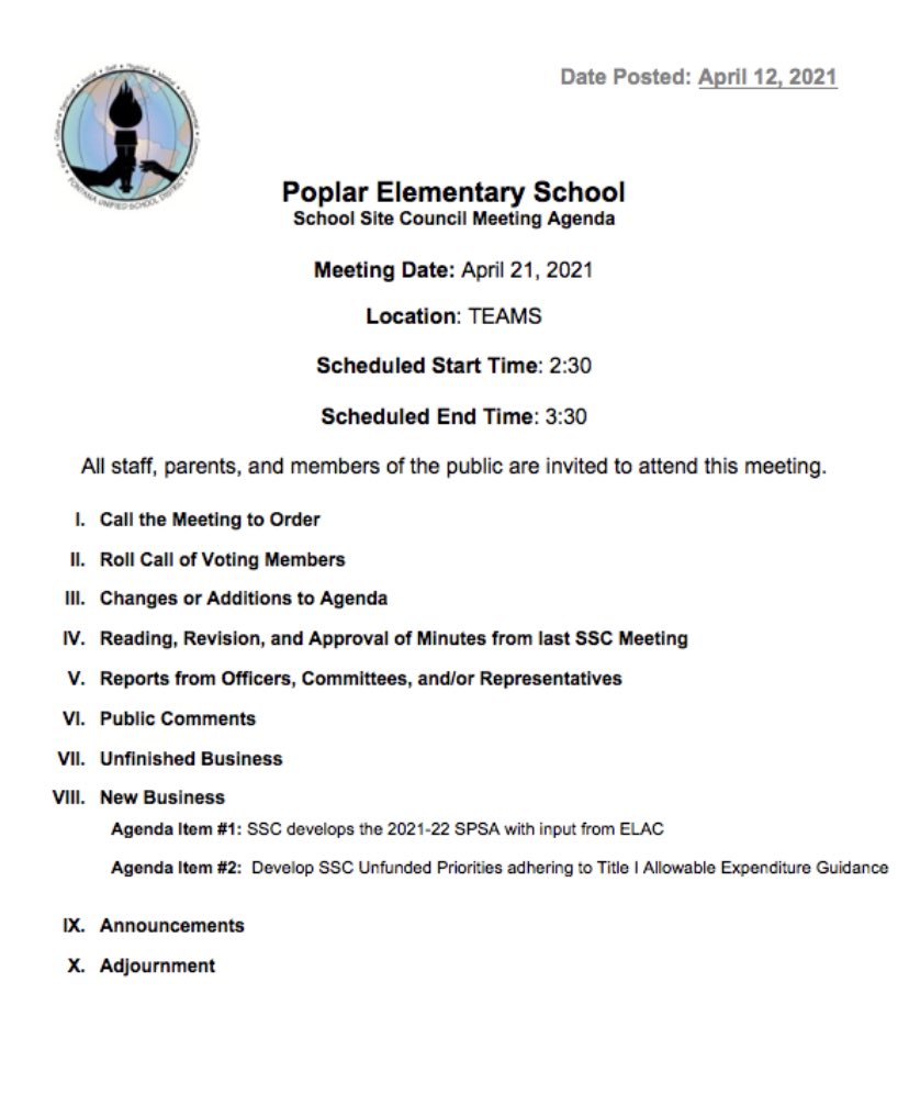 Our School Site Council meeting is coming up. Here is the Agenda. All are welcome!