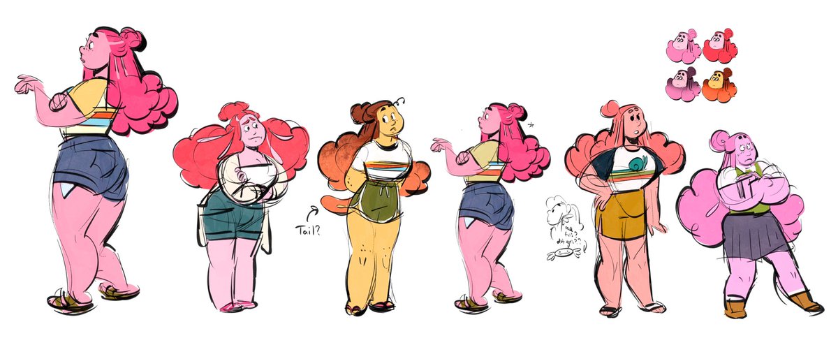 more sketches! started fixin up charas for this pitch one last time a bit ago. between the big pink & the yellow version for ola, & i'm still undecided if she's got a snail on the shirt or not ? 