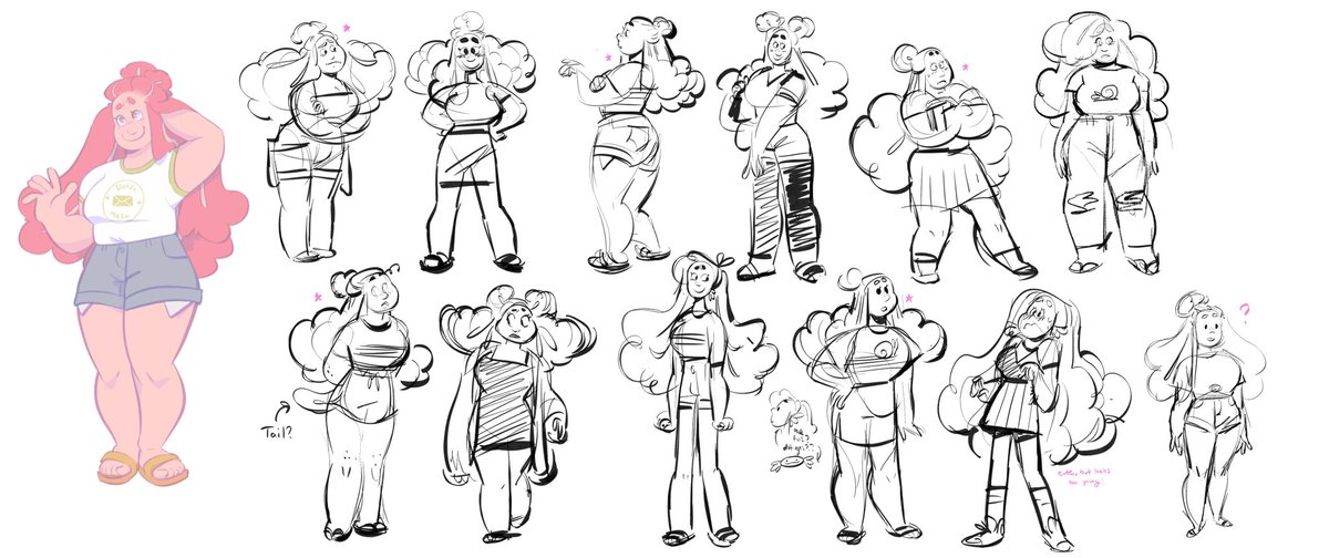 more sketches! started fixin up charas for this pitch one last time a bit ago. between the big pink & the yellow version for ola, & i'm still undecided if she's got a snail on the shirt or not ? 