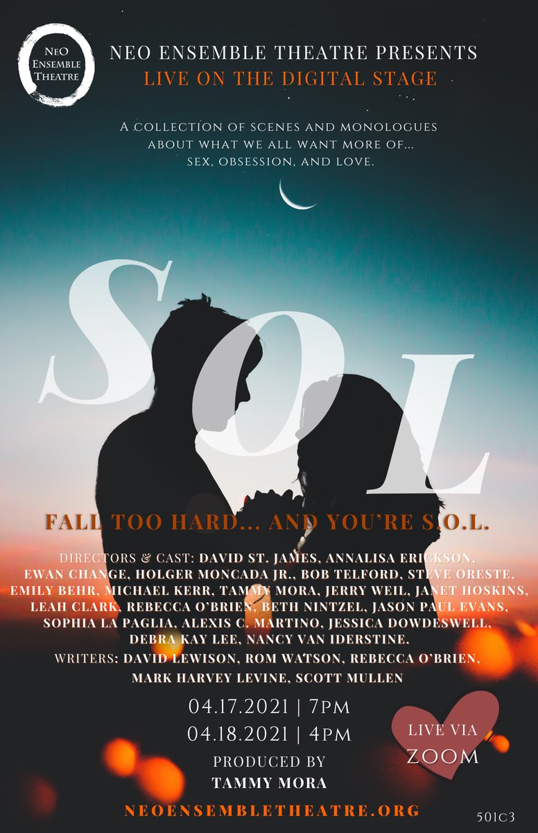 neoensembletheatre.org/on-stage/
Congrats and break a leg to all involved in the <a href="/NEOEnsemble/">NEO Ensemble Theatre</a> production "SOL" being performed online this weekend. Besides plays and performances from a lot of longtime friends, includes the first ever production of my short one-act "Awake."