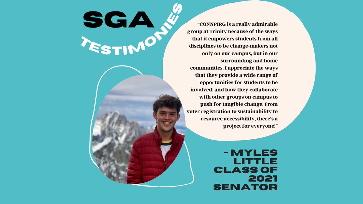 Ahead of our Reaffirmation vote next week, we wanted to spotlight  SGA members' experiences with CONNPIRG to give a glimpse into how our organization has impacted campus! See below for our first testimony spotlight from Myles Little! #connpirg